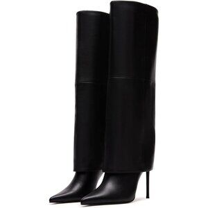 Women’s Fashion Fall Winter Black Fold Over Pointed Toe Knee High Heel Boots